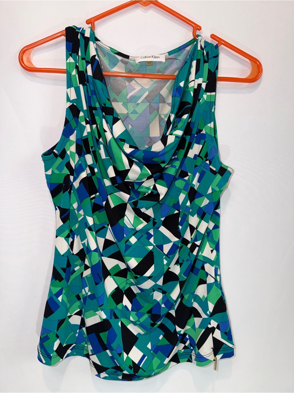 Calvin Klein Blue Green Geometric Cowl Neck Tank